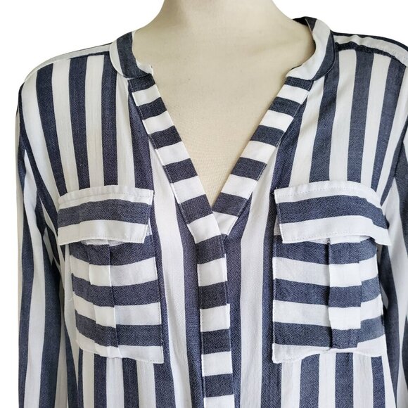 a.n.a  Gray & White Lightweight Long /Roll Tab Sleeve Striped Long line Shirt S - Picture 4 of 16